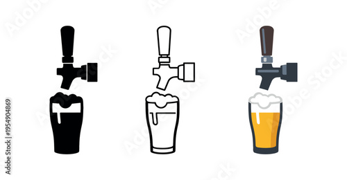 Three beer tap and filled glass icons in black, outline and colored styles showing a foamy pour.