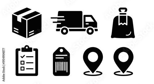 Delivery Service Icons: Box, Truck, Bag, Checklist, Tag, Map Pins