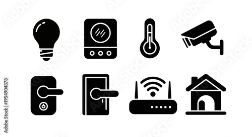 Smart Home Technology Icons: Light Bulb, Thermostat, Security Camera, Router, Door Lock, House
