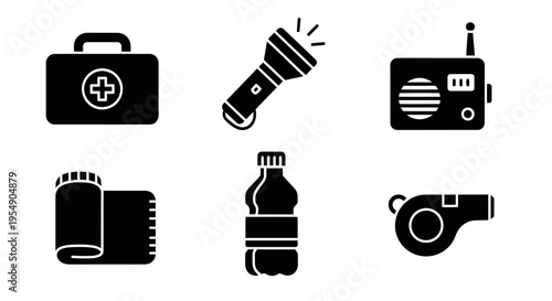 Emergency Kit Icons: First Aid, Flashlight, Radio, Bandage, Water, Whistle