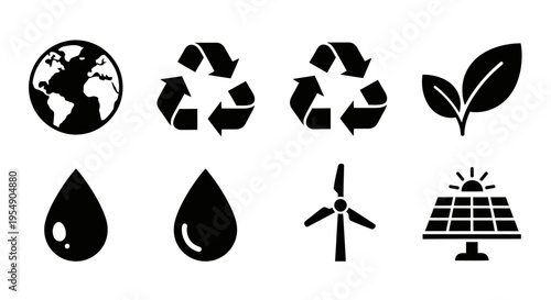 Eco-friendly symbols: Earth, recycling, leaves, water drops, windmill, solar panel