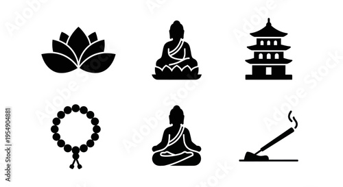 Buddhism Icons: Lotus, Buddha, Pagoda, Prayer Beads, Incense