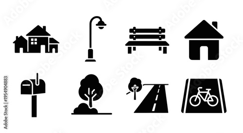 Vector Icons: Houses, Streetlight, Bench, Mailbox, Tree, Road, Bicycle Path