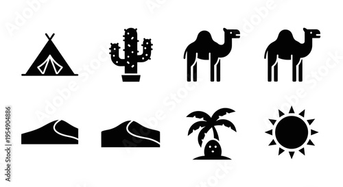 Desert Icon Set: Tent, Cactus, Camels, Dunes, Palm Tree, Sun
