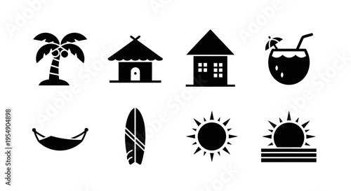 Tropical Vacation Icons: Palm Tree, Hut, House, Coconut Drink, Hammock, Surfboard, Sun