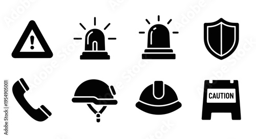 Safety Icons: Warning, Siren, Shield, Phone, Hard Hat, Caution Sign