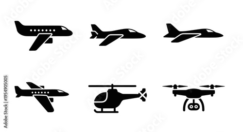 Collection of Aircraft Icons: Jet, Helicopter, Drone, Airplane