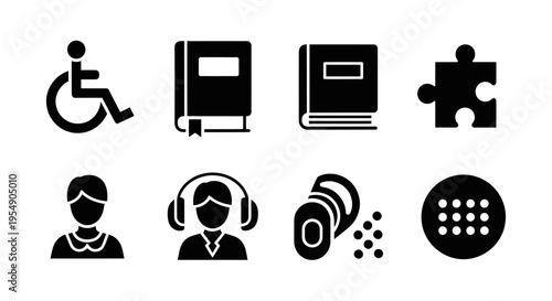 Disability and Education Icons: Wheelchair, Books, Puzzle, Person, Headphones, Ear, Braille