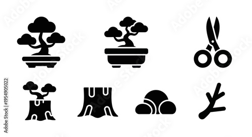 Bonsai Tree Care Icons: Planting, Pruning, and Elements