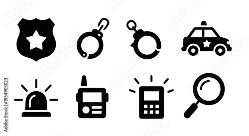 Police Icons: Badge, Handcuffs, Car, Siren, Radio, Phone, Magnifying Glass