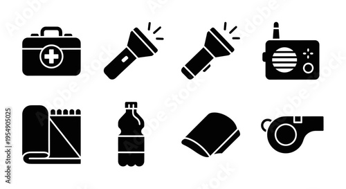 Emergency Kit Icons: First Aid, Flashlights, Radio, Blanket, Water, Whistle