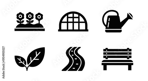 Gardening Icons: Flowers, Greenhouse, Watering Can, Leaves, Path, Bench