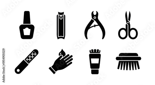 Nail Care Tools and Products Icon Set - Manicure Pedicure Equipment Vector