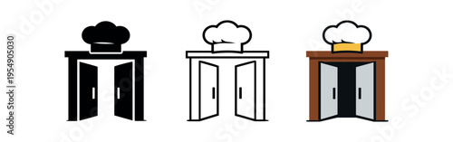 Three icons depict a kitchen cabinet or cupboard topped by a chef hat in solid, outline, and colored styles.