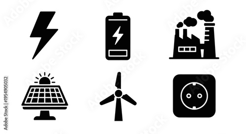 Renewable energy and electricity icons set: lightning, battery, factory, solar panel, wind turbine, socket