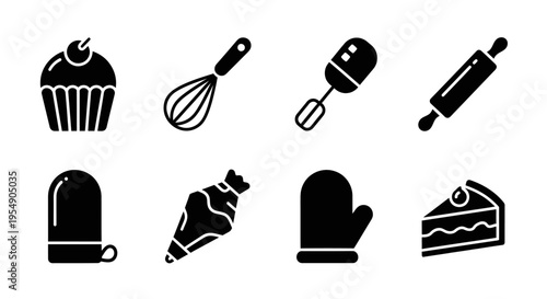 Baking Icons: Cupcake, Whisk, Mixer, Rolling Pin, Oven Mitt, Pastry Bag, Cake Slice