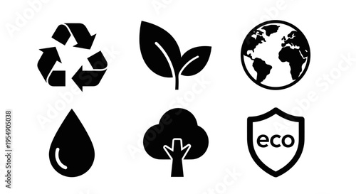 Eco friendly icons: recycling, leaf, earth, water drop, tree, shield