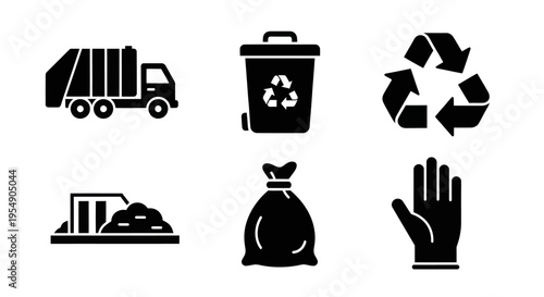 Garbage Collection Icons: Truck, Bin, Recycle Symbol, Dumpster, Bag, Glove