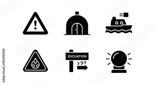 Emergency Icons: Warning, Shelter, Boat, Hazard, Evacuation, Crystal Ball