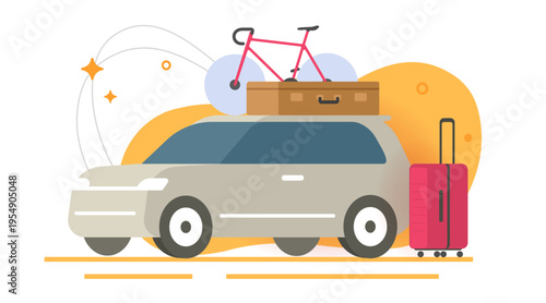 Travel road trip by car concept vector icon modern graphic illustration, vacation journey luggage packing to auto vehicle, active recreation adventure suitcases baggage clip art drawn
