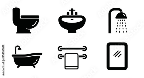 Bathroom Icons: Toilet, Sink, Bathtub, Shower, Towel Rack, Mirror