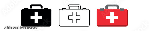 Three medical kit icons show a handled case with a prominent cross in solid, outline, and red colored styles.
