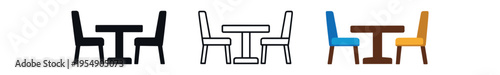Three compact dining table and chair icons shown in black silhouette, outline, and colored styles.