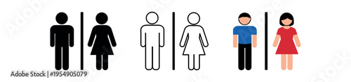Male and female restroom symbols shown as black silhouette, outline, and colored icon pairs.