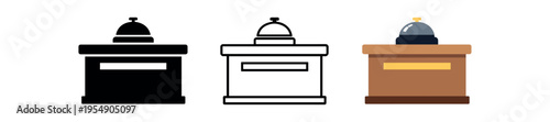 Three service bell icons on a reception counter displayed in black, outline and colored styles.