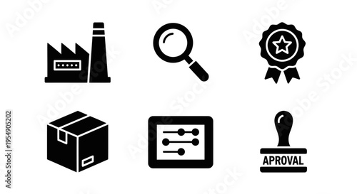 Industrial Icons: Factory, Magnifying Glass, Award, Box, Settings, Stamp
