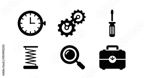 Clock, Gears, Screwdriver, Spring, Magnifying Glass, Briefcase Icons