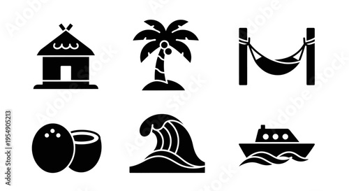 Tropical Island Icons: Hut, Palm Tree, Hammock, Coconuts, Wave, Boat