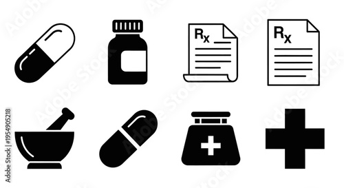 Medical Pharmacy Icons Set: Pills, Bottle, Prescription, Mortar Pestle, Plus Sign