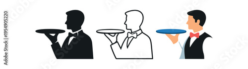 Three waiter icons in black silhouette, outline, and colored versions, each holding a serving tray.