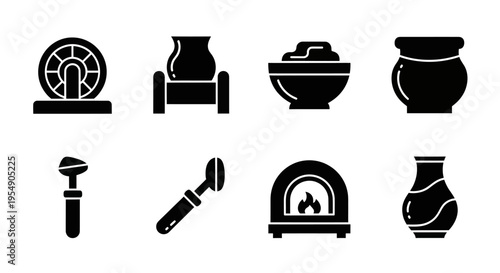 Pottery Making Icons: Wheel, Kiln, Clay, Vases, Tools - Craftsmanship Symbols