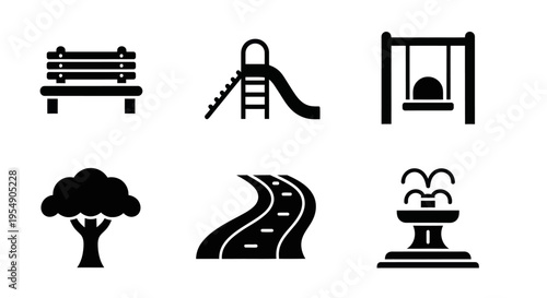 Playground Icons: Bench, Slide, Swing, Tree, Path, Fountain