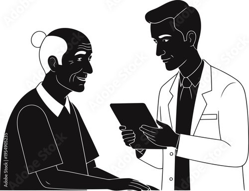 Black and white silhouette of elderly patient talking to doctor via tablet, remote healthcare support concept.