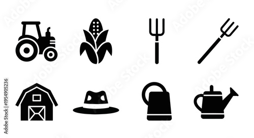 Farm Icons Set: Tractor, Corn, Pitchfork, Barn, Hat, Watering Can, Teapot