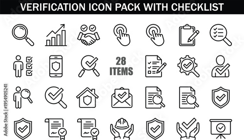 Verification icon pack with checklist, approval, security, validation symbols, minimal outline vector collection for app, web, business and UI design