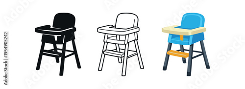 Three high chair icons in black silhouette, outline, and colored styles for baby feeding and dining.
