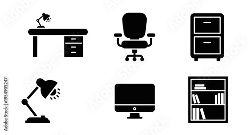 Office Furniture and Equipment Icons: Desk, Chair, Filing Cabinet, Lamp, Monitor, Bookshelf
