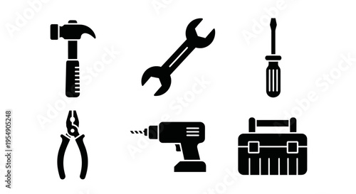 Set of black silhouette tools including hammer, wrench, screwdriver, pliers, drill, and toolbox