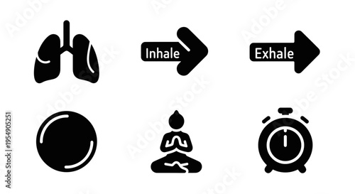 Breathing Exercise Icons: Lungs, Inhale, Exhale, Yoga, Meditation, Ball, Alarm Clock