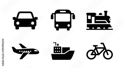 Set of transportation icons: car, bus, train, airplane, ship, bicycle