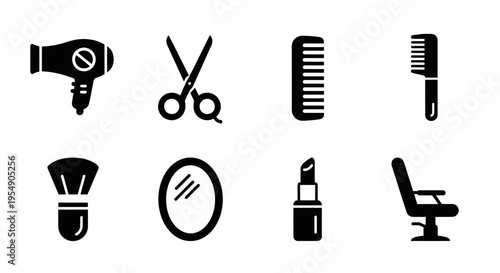 Hairdresser Tools and Beauty Icons: Hairdryer, Scissors, Comb, Mirror, Lipstick, Chair