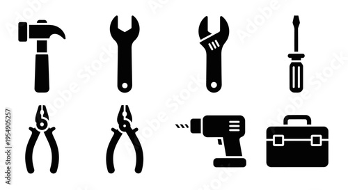 Collection of Black Icons: Tools and Toolbox - Repair and Construction Symbols