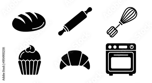 Baking Icons Set: Bread, Rolling Pin, Whisk, Cupcake, Croissant, Oven