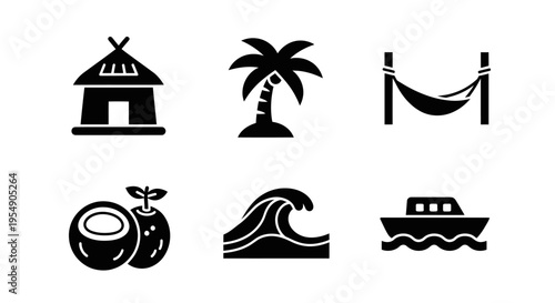 Tropical Vacation Icons: Hut, Palm Tree, Hammock, Coconut, Wave, Boat