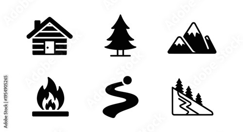 Outdoor Adventure Icons: Cabin, Forest, Mountains, Campfire, Path, Ski Slope