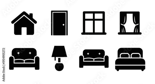 Home Interior Icons: House, Door, Window, Sofa, Lamp, Bed